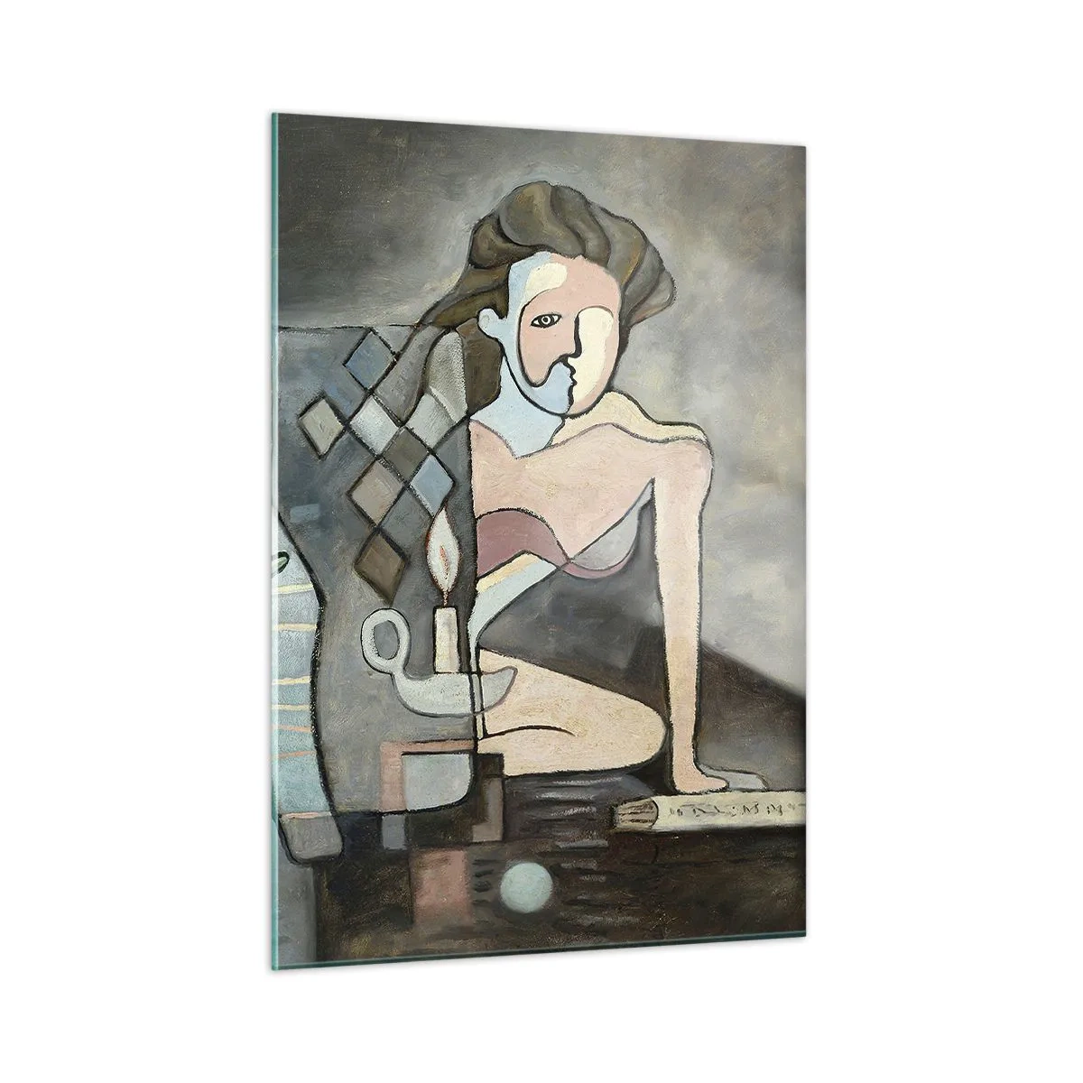 Glasbild - Bild auf glas - Eine abstrakte Szene mit zwei Figuren im kubistischen Stil. - 50x70cm - Mosaik aus Geist und Materie - Moderne Wanddekoration für Wohnzimmer und Schlafzimmer ARTTOR