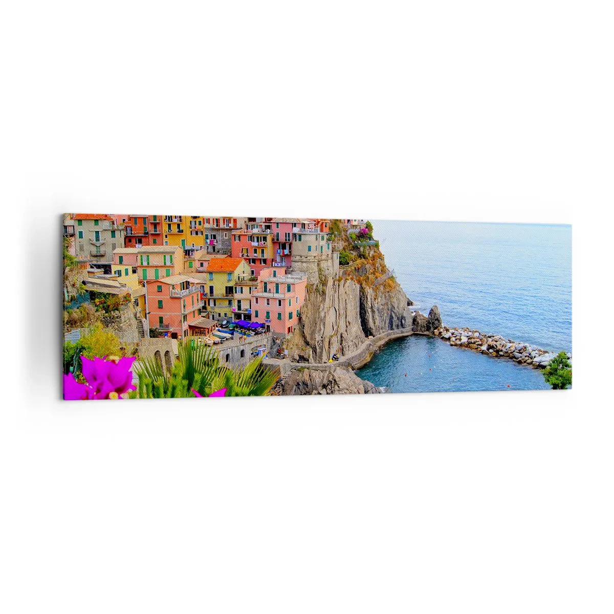 Bild auf Leinwand - Leinwandbild - Bunte Häuser auf einer Klippe mit Blick auf das Meer in einer malerischen Landschaft - 160x50cm - Lachende Stadt - Moderne Wanddekoration für Wohnzimmer und Schlafzimmer ARTTOR