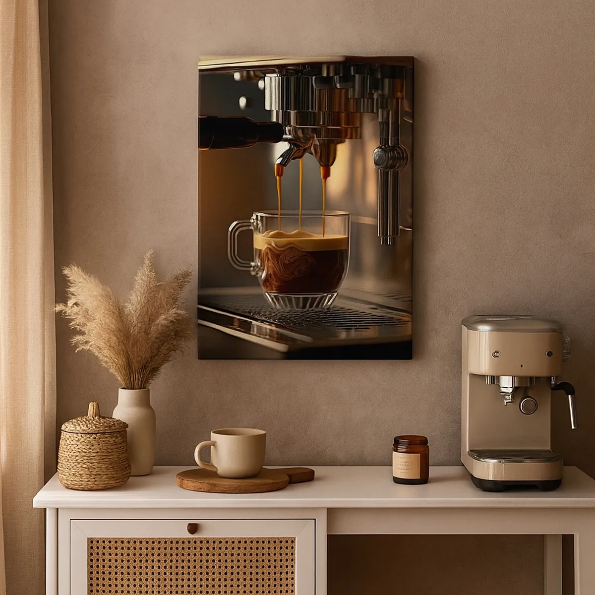 Bild auf Leinwand - Leinwandbild - Kaffeemaschine mit einer Tasse aromatischem Espresso - 50x70cm - Sinnliche Mischung - Moderne Wanddekoration für Wohnzimmer und Schlafzimmer ARTTOR
