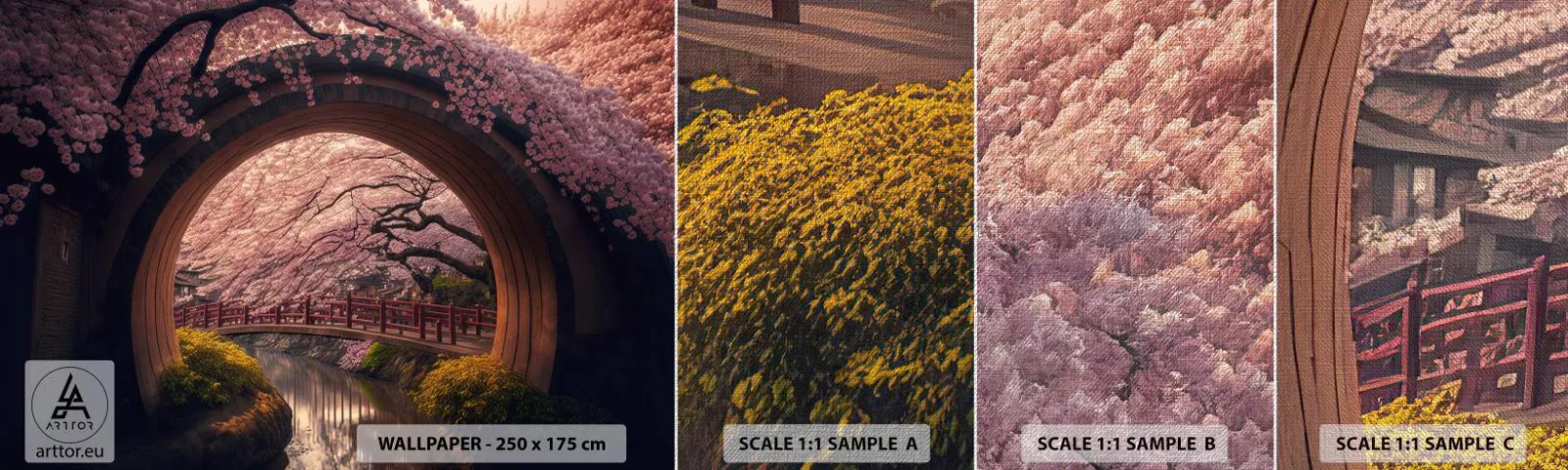 Fototapeten Muster Premium Canvas - Japanischer Frühling - Brücke, Japan, Japanische Kirsche - 100x30 cm