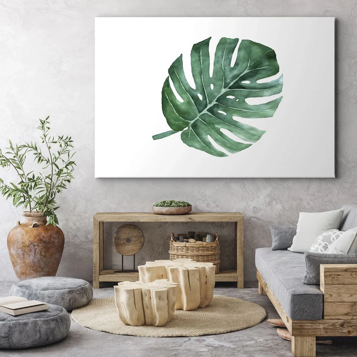 Bild auf Leinwand - Leinwandbild - Grünes Monsterablatt im minimalistischen Stil - 120x80cm - Grünes Konzept - Moderne Wanddekoration für Wohnzimmer und Schlafzimmer ARTTOR