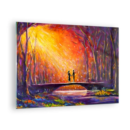 Glasbild - Bild auf glas - Ein Paar auf einer Brücke im Licht der untergehenden Sonne, umgeben von Bäumen. - 70x50cm - Der Himmel liebt sie auch - Moderne Wanddekoration für Wohnzimmer und Schlafzimmer ARTTOR