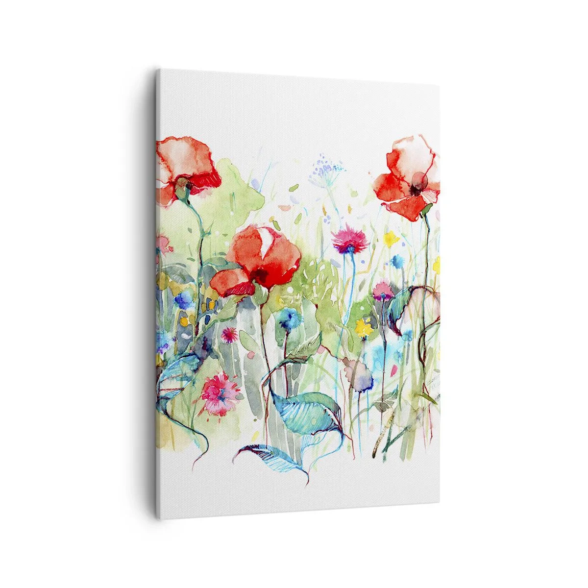 Bild auf Leinwand - Leinwandbild - Eine Wiese mit roten Mohnblumen und bunten Blumen in Aquarell - 50x70cm - Blühende Maiwiese - Moderne Wanddekoration für Wohnzimmer und Schlafzimmer ARTTOR