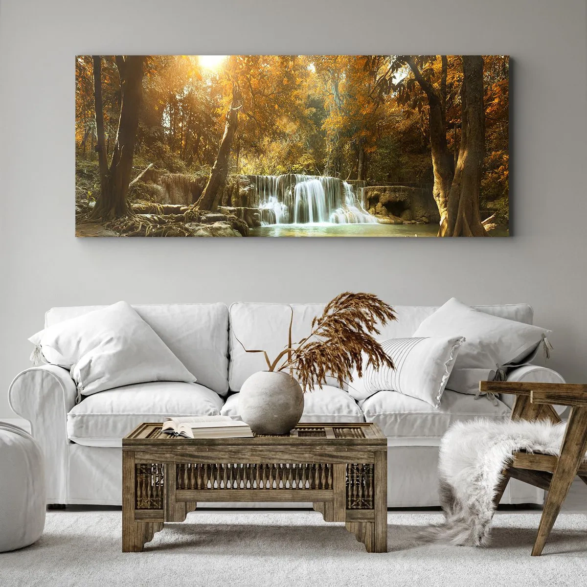Bild auf Leinwand - Leinwandbild - Herbstlandschaft mit Wasserfall - 120x50cm - Parkkaskade - Moderne Wanddekoration für Wohnzimmer und Schlafzimmer ARTTOR