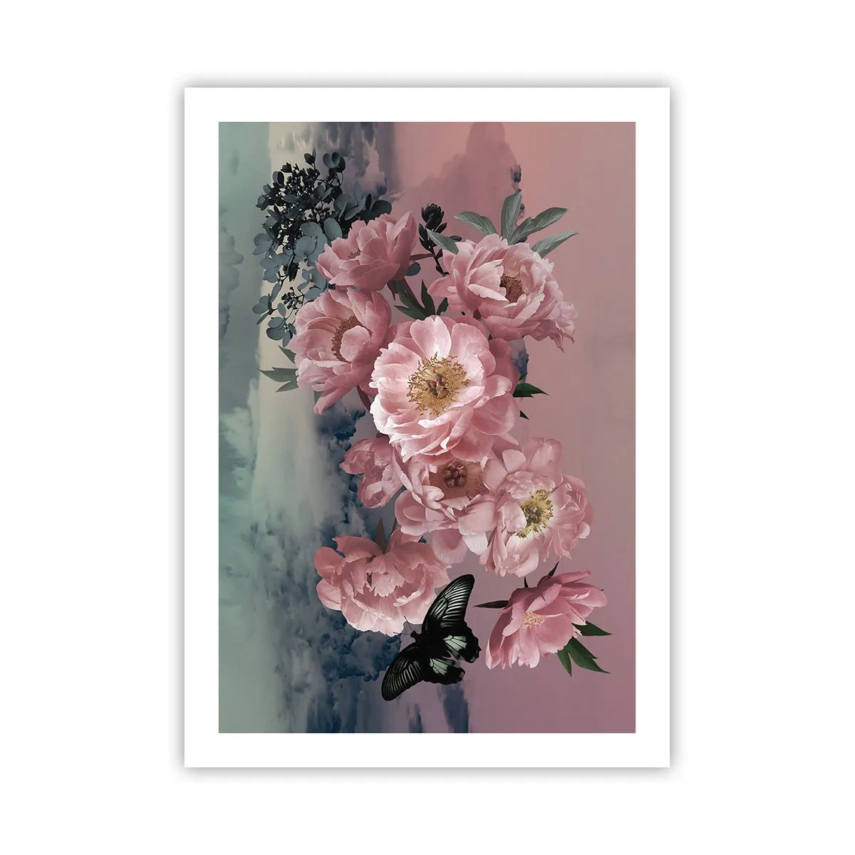 Poster - Eine romantische Komposition aus Blumen und einem Schmetterling in Pastellfarben. - 50x70cm - Der Höhepunkt der Romantik - Moderne Wanddekoration für Wohnzimmer und Schlafzimmer ARTTOR
