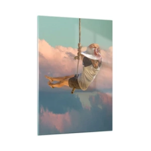 Glasbild - Bild auf glas - Mädchen auf einer Schaukel zwischen rosa Wolken - 50x70cm - Spaß in den Wolken - Moderne Wanddekoration für Wohnzimmer und Schlafzimmer ARTTOR