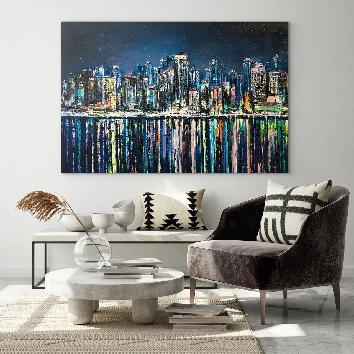 Glasbild - Bild auf glas - Panorama der Stadt bei Nacht mit den im Wasser reflektierten Lichtern - 120x80cm - Kaskade von Lichtern - Moderne Wanddekoration für Wohnzimmer und Schlafzimmer ARTTOR