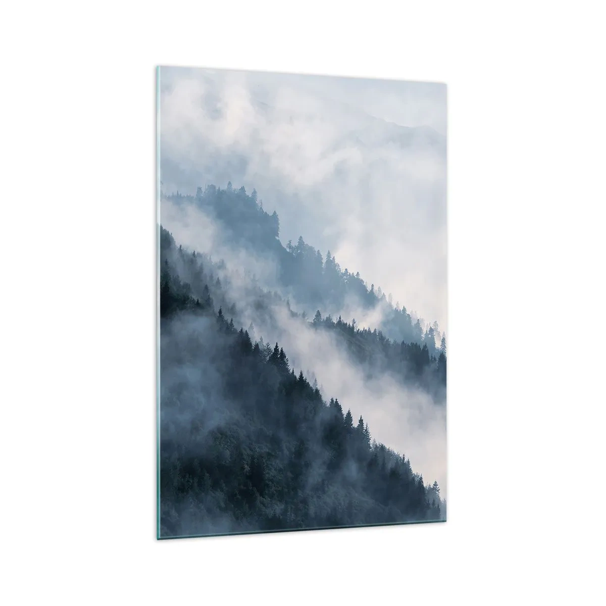 Glasbild - Bild auf glas - Nebel schwebt über den bewaldeten Berghängen in einer geheimnisvollen Landschaft - 70x100cm - Mystik der Berge - Moderne Wanddekoration für Wohnzimmer und Schlafzimmer ARTTOR