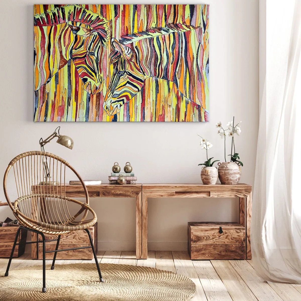 Bild auf Leinwand - Leinwandbild - Bunte Zebras vor einem Hintergrund aus abstrakten Streifen - 70x50cm - Also du auch... - Moderne Wanddekoration für Wohnzimmer und Schlafzimmer ARTTOR