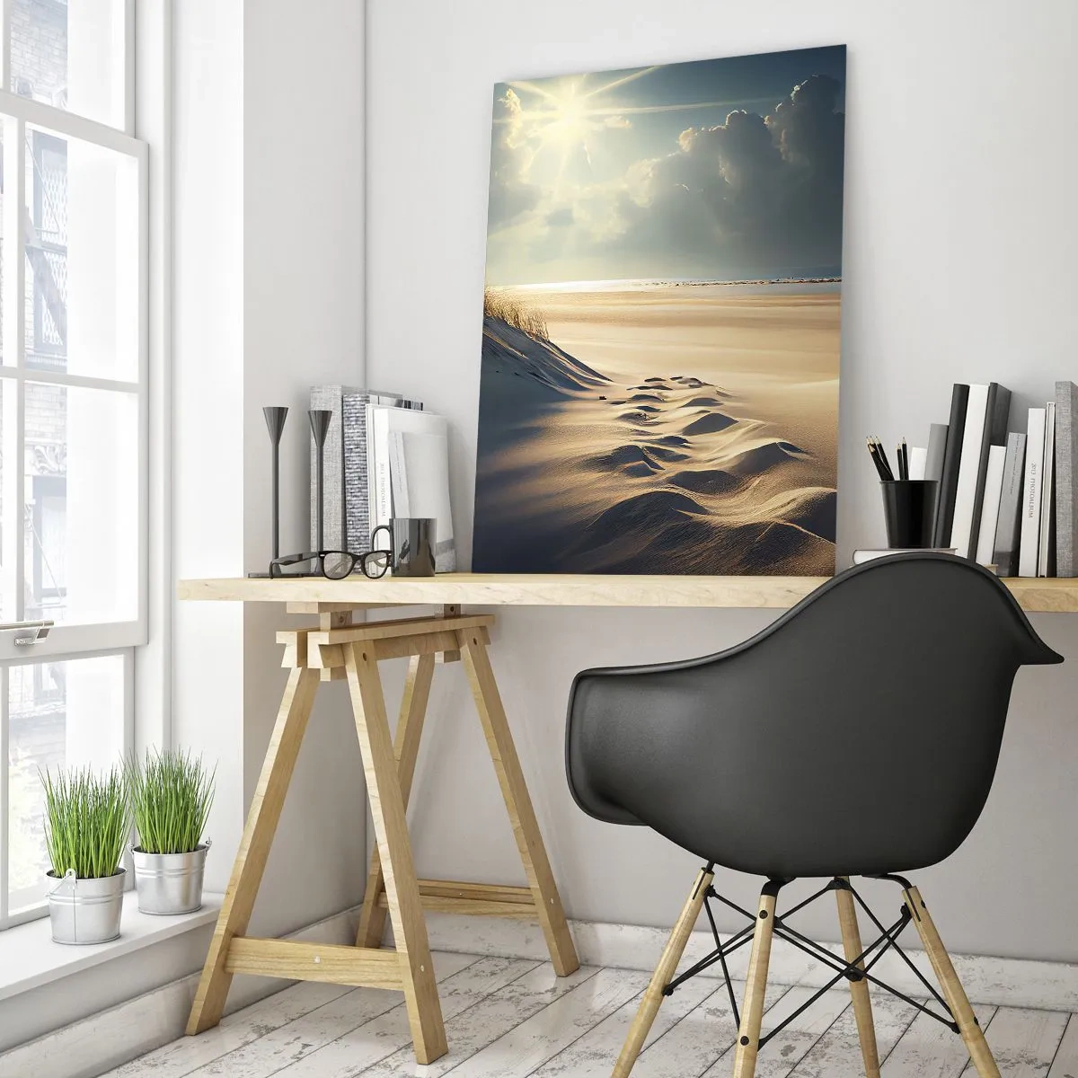 Glasbild - Bild auf glas - Goldene Dünen, beleuchtet von den Sonnenstrahlen - 50x70cm - Beruhigende Landschaft - Moderne Wanddekoration für Wohnzimmer und Schlafzimmer ARTTOR