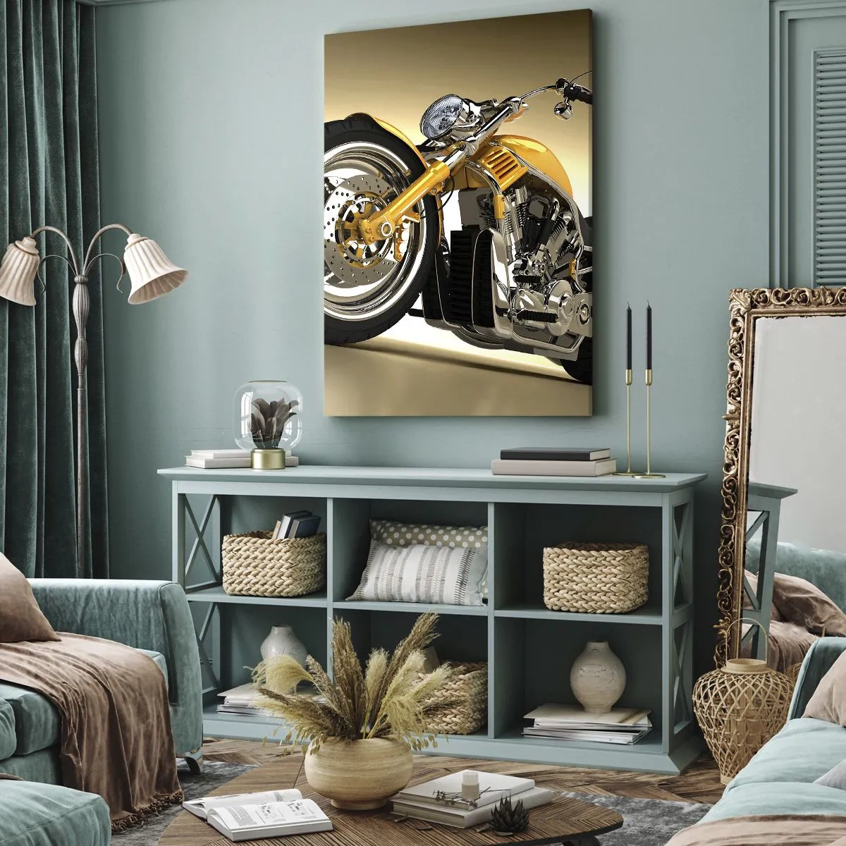Bild auf Leinwand - Leinwandbild - Ein gelbes Motorrad im Chopper-Stil vor einer beigen Wand - 50x70cm - Ein Traum von Kraft und Geschwindigkeit - Moderne Wanddekoration für Wohnzimmer und Schlafzimmer ARTTOR