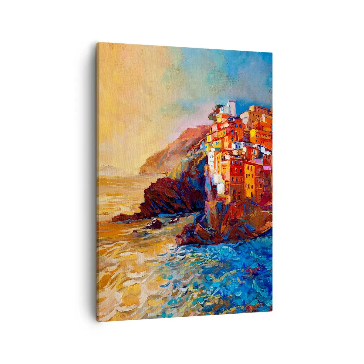 Bild auf Leinwand - Leinwandbild - Bunte Häuser auf einer Klippe über dem Meer - 50x70cm - Italienische Atmosphäre - Moderne Wanddekoration für Wohnzimmer und Schlafzimmer ARTTOR