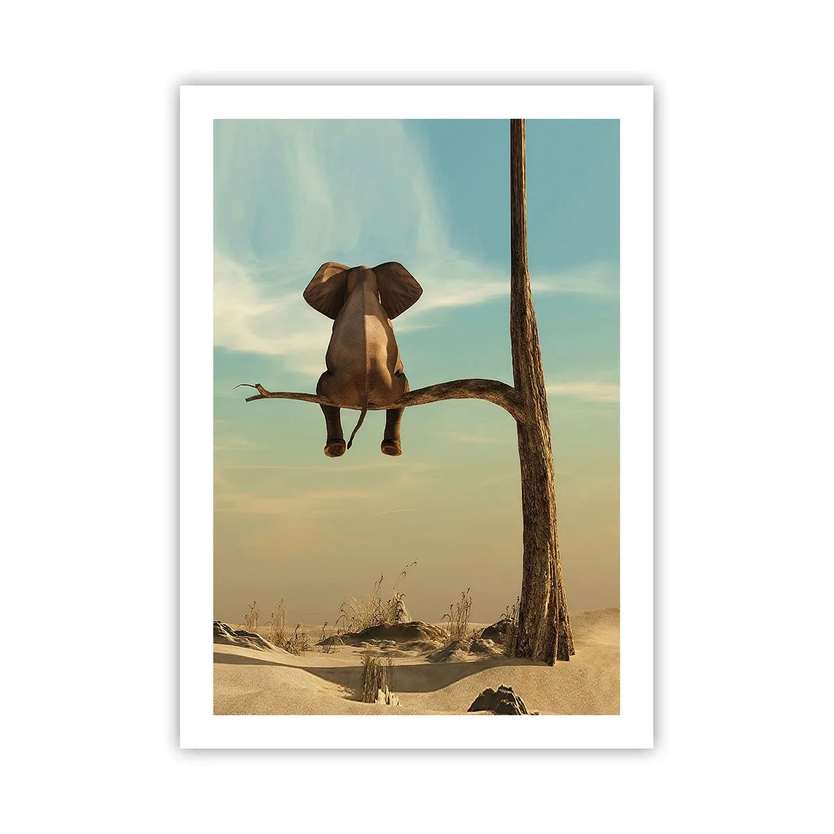 Poster - Ein Elefant sitzt auf einem Ast mit einer Wüstenlandschaft im Hintergrund. - 50x70cm - Neuer Blickwinkel - Moderne Wanddekoration für Wohnzimmer und Schlafzimmer ARTTOR