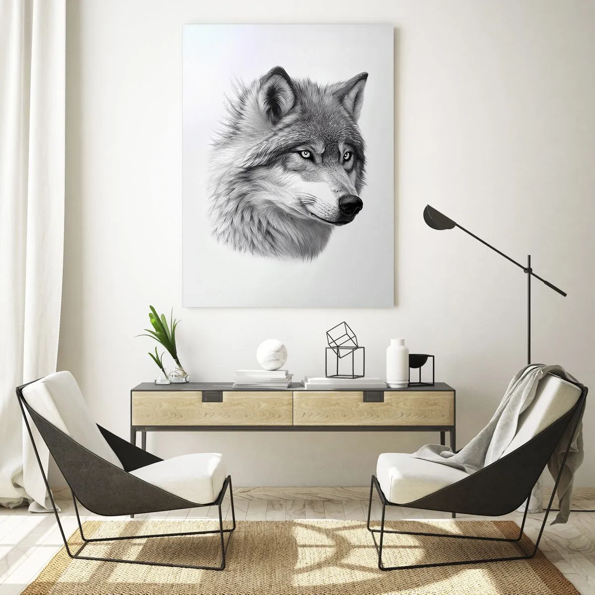 Glasbild - Bild auf glas - Schwarz-Weiß-Porträt eines Wolfes mit durchdringendem Blick - 50x70cm - Alpha – ohne Zweifel - Moderne Wanddekoration für Wohnzimmer und Schlafzimmer ARTTOR