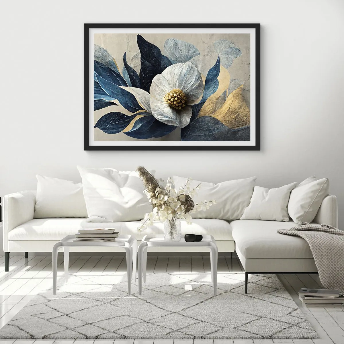 Poster in einem schwarzem Rahmen - Eine Blume mit blauen Blättern auf einem eleganten Hintergrund - 100x70cm - Er hat ein Herz aus Gold - Moderne Wanddekoration für Wohnzimmer und Schlafzimmer ARTTOR