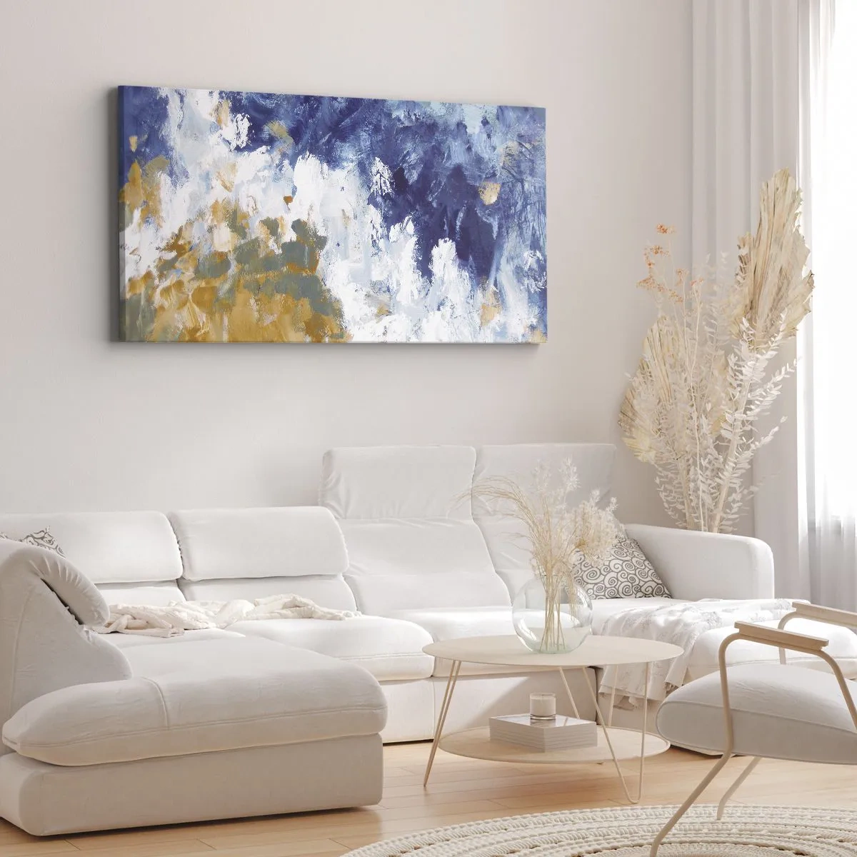 Bild auf Leinwand - Leinwandbild - Abstraktion in Blau-, Weiß- und Goldtönen - 120x50cm - Tanz der Naturelemente - Moderne Wanddekoration für Wohnzimmer und Schlafzimmer ARTTOR