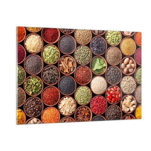 Glasbild - Bild auf glas - Eine Komposition aus verschiedenen Gewürzen in Holzschalen - 120x80cm - Alle Aromen der Welt - Moderne Wanddekoration für Wohnzimmer und Schlafzimmer ARTTOR