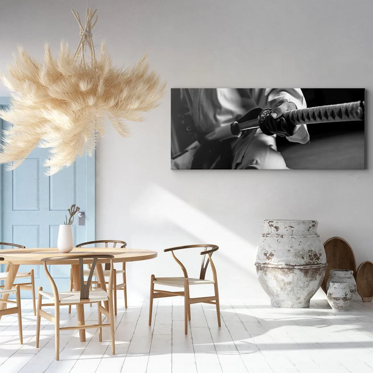 Bild auf Leinwand - Leinwandbild - Ein Samurai im Kimono hält ein Katana in Schwarz und Weiß. - 120x50cm - Kriegerseele - Moderne Wanddekoration für Wohnzimmer und Schlafzimmer ARTTOR