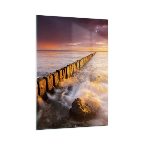 Glasbild - Bild auf glas - Sonnenuntergang über dem Meer mit einem hölzernen Wellenbrecher - 50x70cm - Die Sanftheit der Wellen - Moderne Wanddekoration für Wohnzimmer und Schlafzimmer ARTTOR
