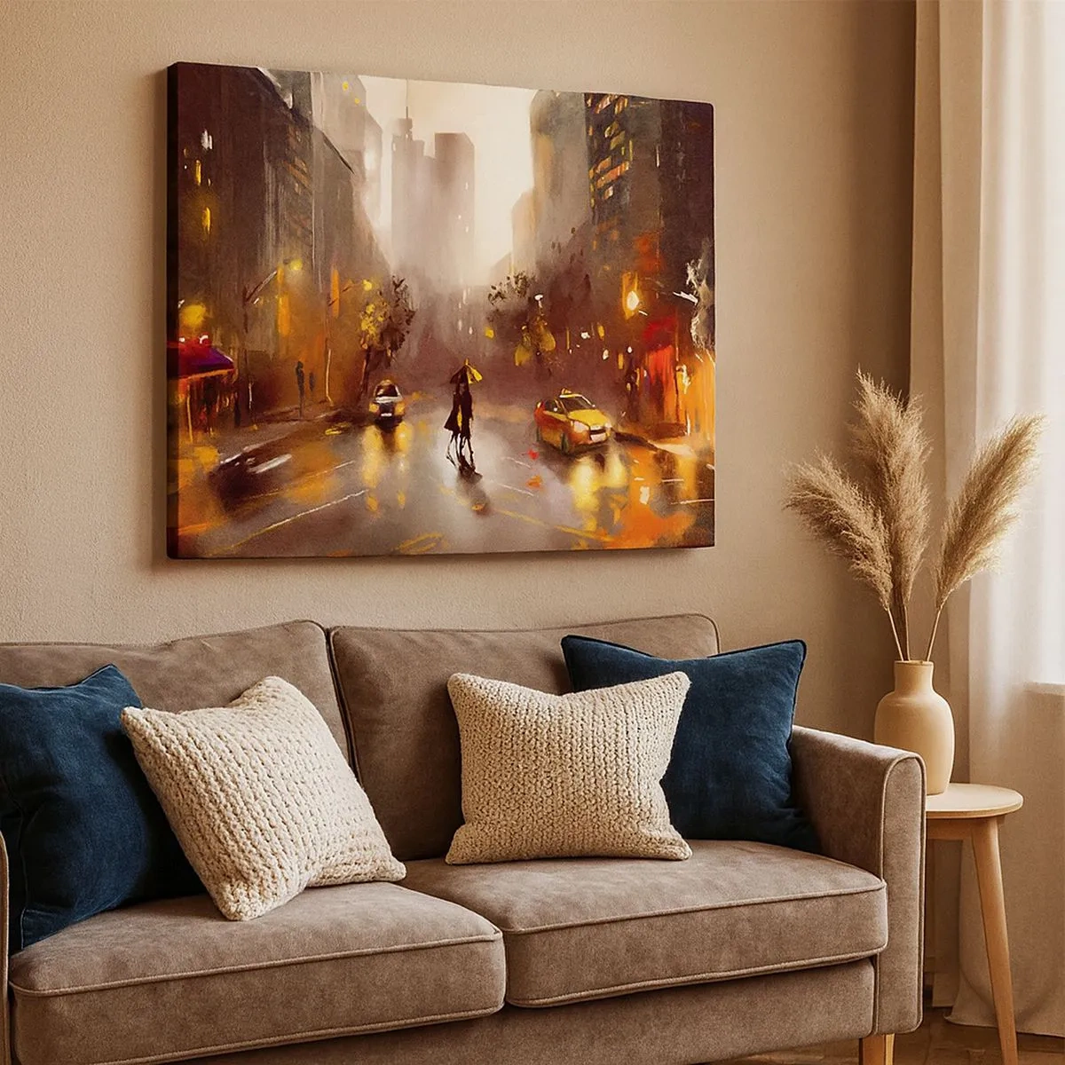Bild auf Leinwand - Leinwandbild - Eine nächtliche Stadtszene im Licht der Straßenlaternen und Spiegelungen auf einer nassen Straße. - 70x50cm - Im Licht von New York - Moderne Wanddekoration für Wohnzimmer und Schlafzimmer ARTTOR