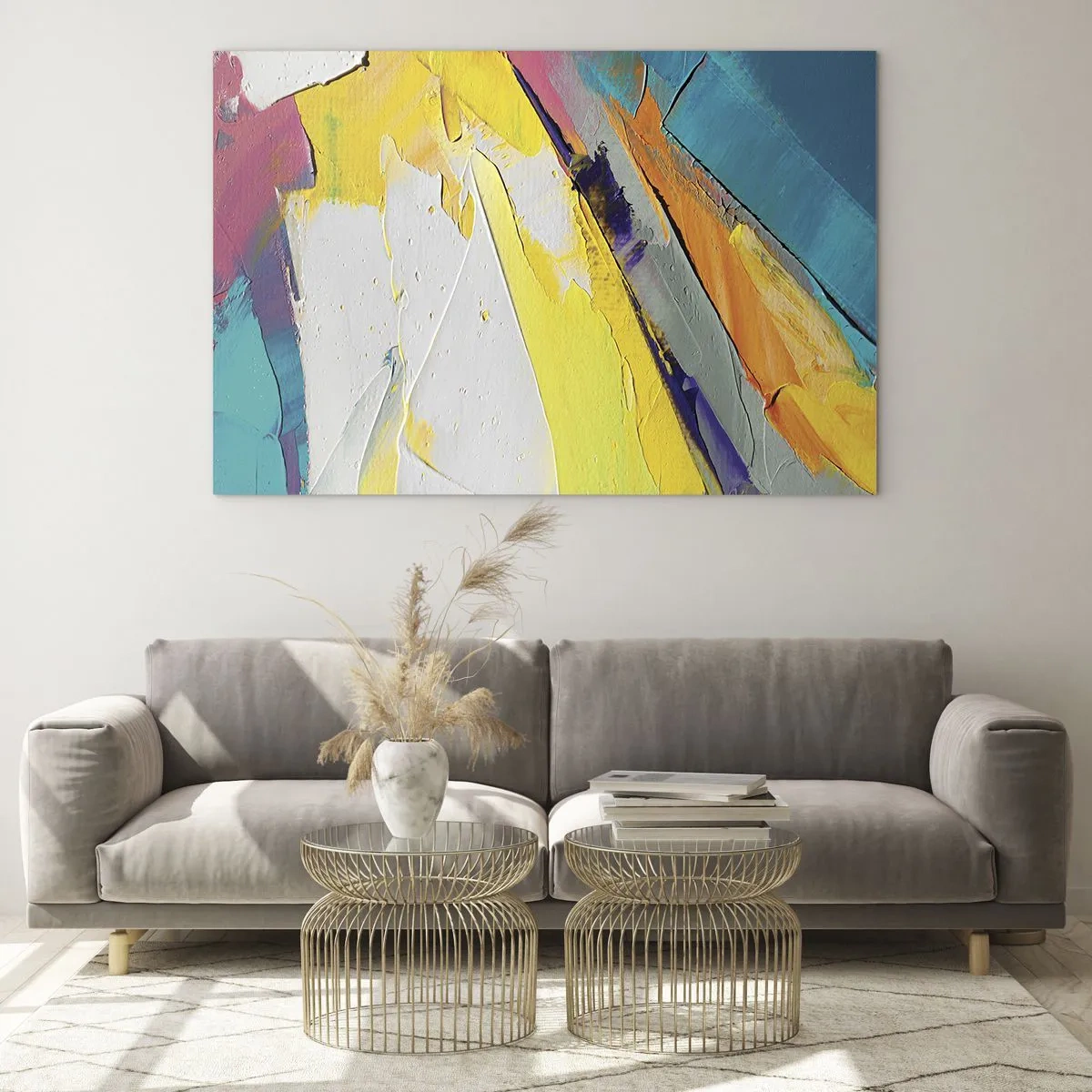 Glasbild - Bild auf glas - Abstrakte Pinselstriche in Gelb, Blau und Weiß - 100x70cm - Die Anatomie des Lichts - Moderne Wanddekoration für Wohnzimmer und Schlafzimmer ARTTOR