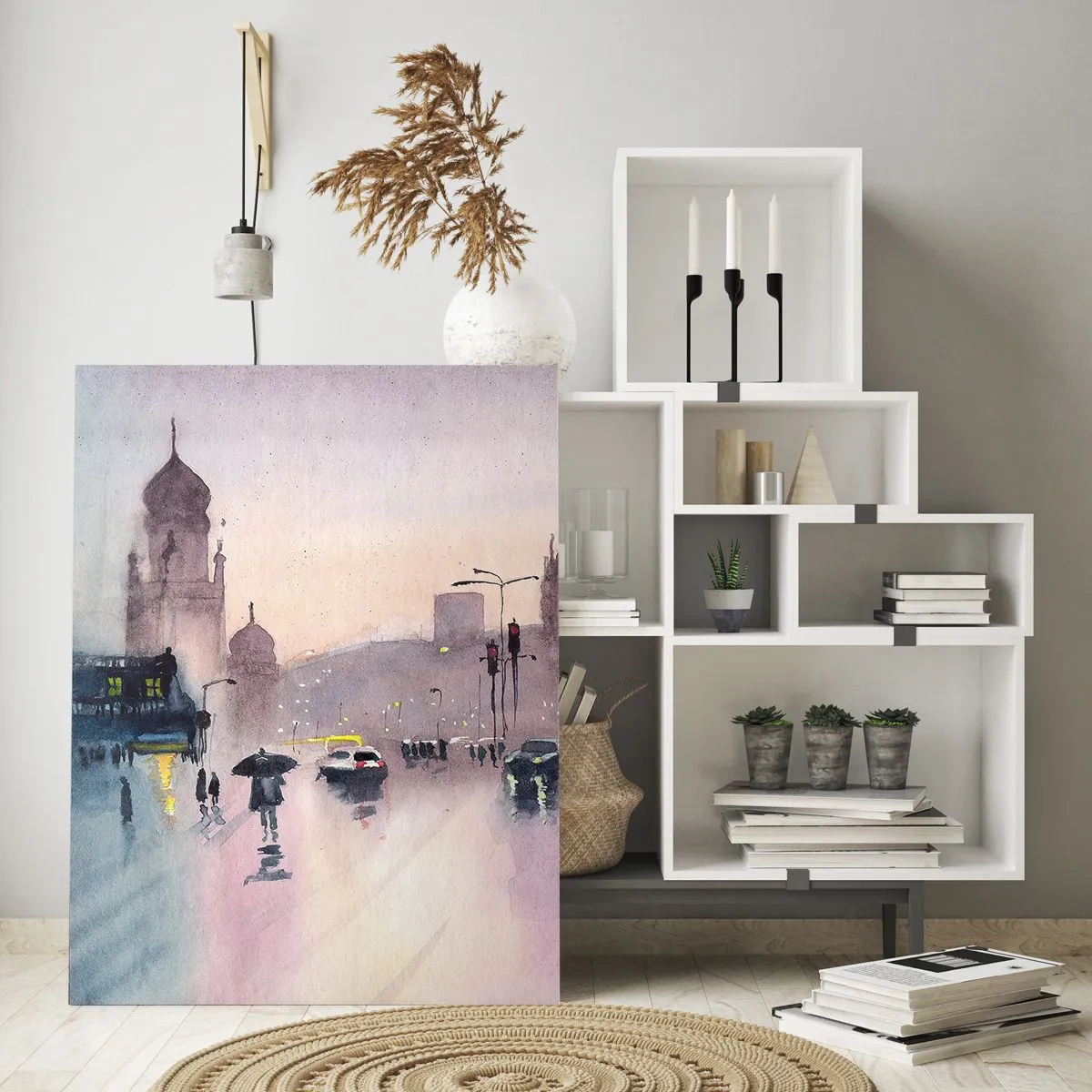 Glasbild - Bild auf glas - Regnerisches Stadtbild - 50x70cm - Im regnerischen Dunst - Moderne Wanddekoration für Wohnzimmer und Schlafzimmer ARTTOR