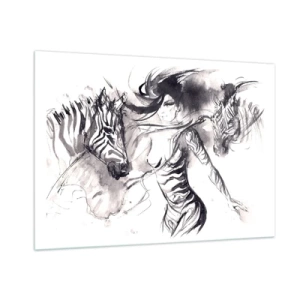 Glasbild - Bild auf glas - Schwarz-Weiß-Komposition mit einer Frau und einem Zebra im künstlerischen Stil - 100x70cm - Tanzen mit den Zebras - Moderne Wanddekoration für Wohnzimmer und Schlafzimmer ARTTOR
