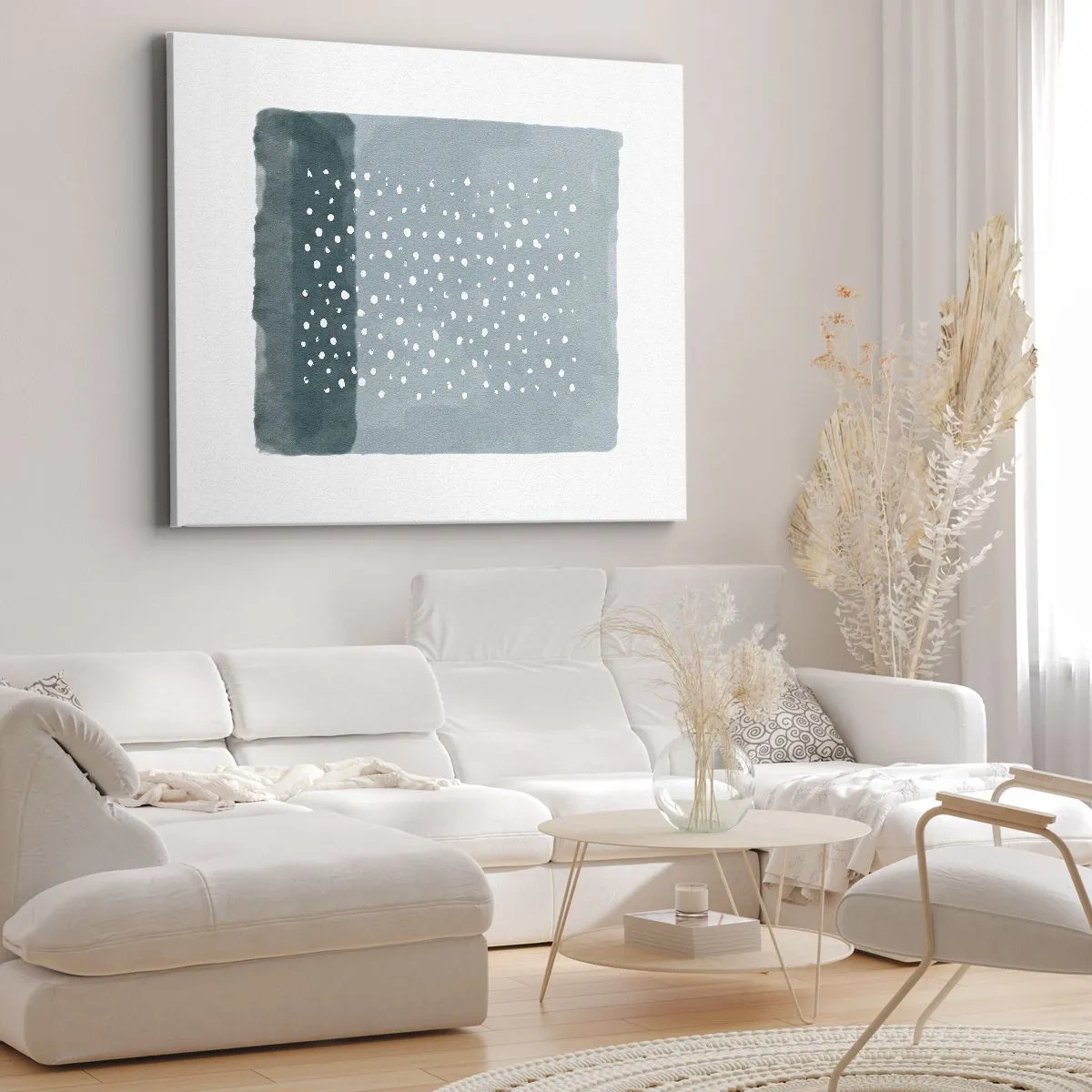Bild auf Leinwand - Leinwandbild - Ein minimalistisches Gemälde in Blautönen mit Punkten - 70x50cm - Auf Blau gewachsen - Moderne Wanddekoration für Wohnzimmer und Schlafzimmer ARTTOR