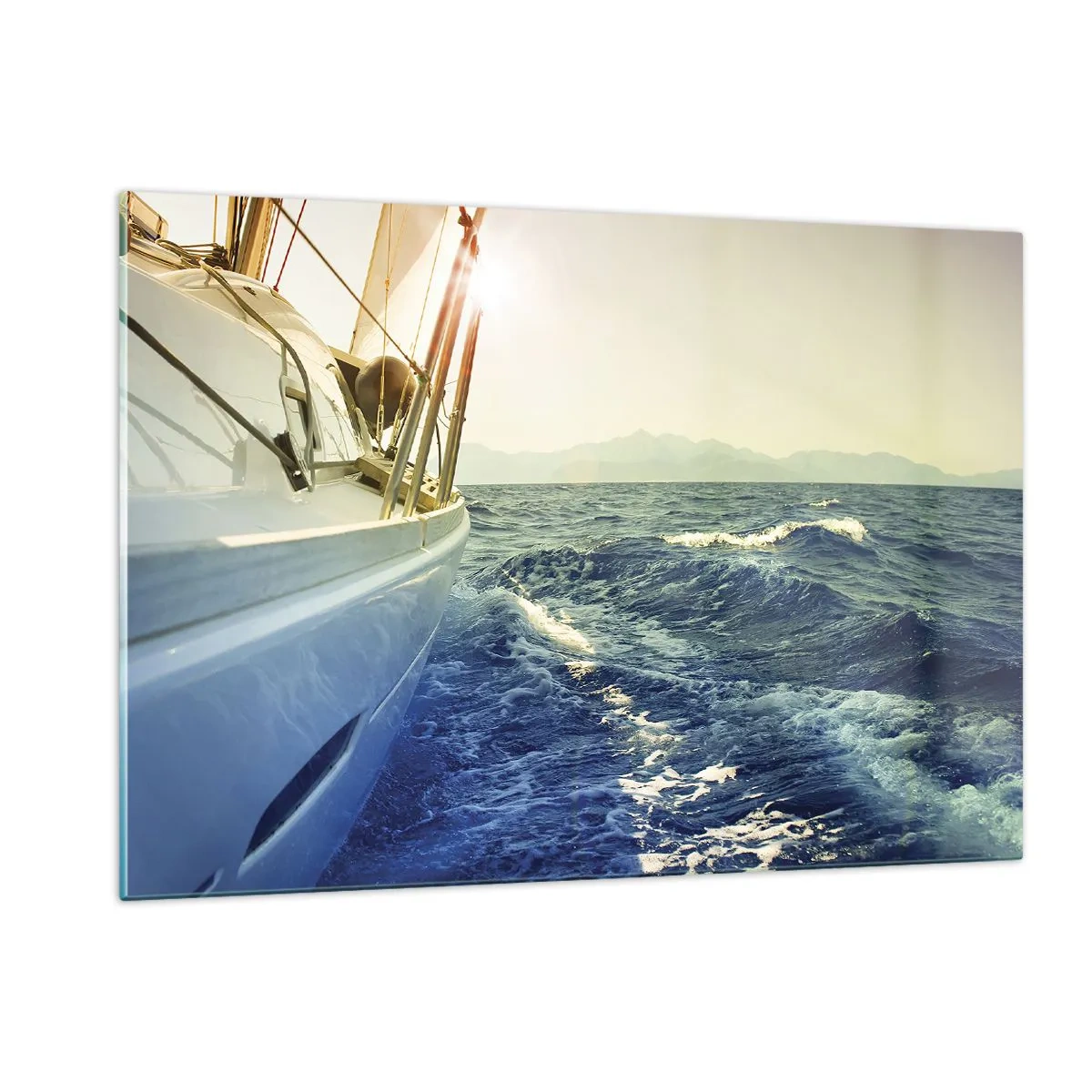 Glasbild - Bild auf glas - Ein Segelboot auf ruhiger See im Licht der untergehenden Sonne - 120x80cm - Auf ins Abenteuer - Moderne Wanddekoration für Wohnzimmer und Schlafzimmer ARTTOR