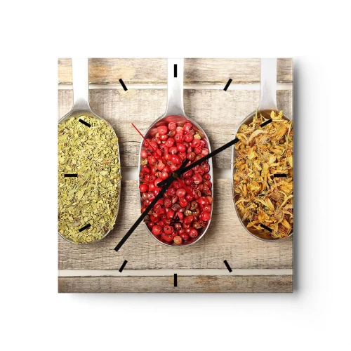 Wanduhr - Glasuhr - Drei Metalllöffel mit Gewürzen auf einem hölzernen Hintergrund - 30x30cm - Küchenzauber - Moderne Wanddekoration für Wohnzimmer und Schlafzimmer ARTTOR