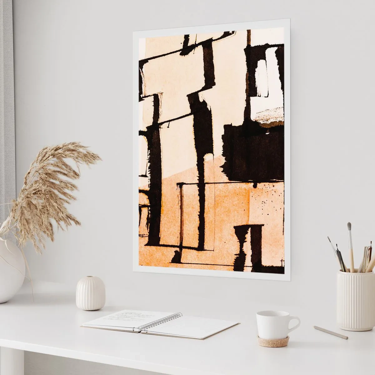 Poster - Eine abstrakte Komposition aus geometrischen Formen in Beige- und Schwarztönen. - 50x70cm - Also doch Ordnung - Moderne Wanddekoration für Wohnzimmer und Schlafzimmer ARTTOR