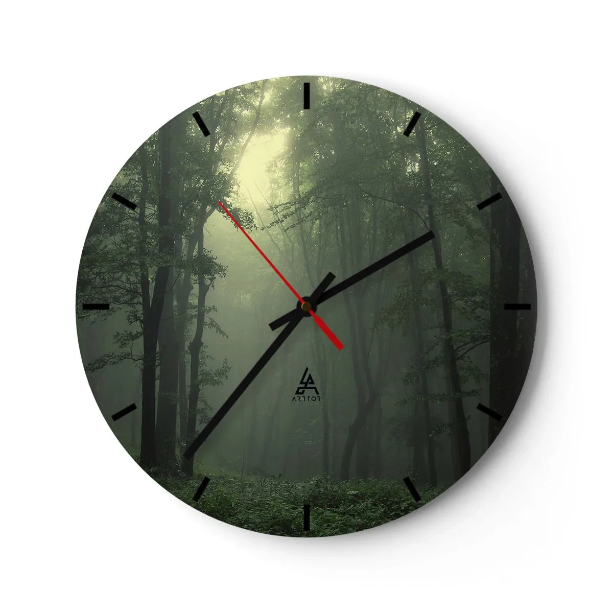 Wanduhr - Glasuhr - Grüner Wald im Nebel mit schwarzen Uhrzeigern - 30x30cm - Bevor er aufwacht - Moderne Wanddekoration für Wohnzimmer, Küche und Schlafzimmer ARTTOR