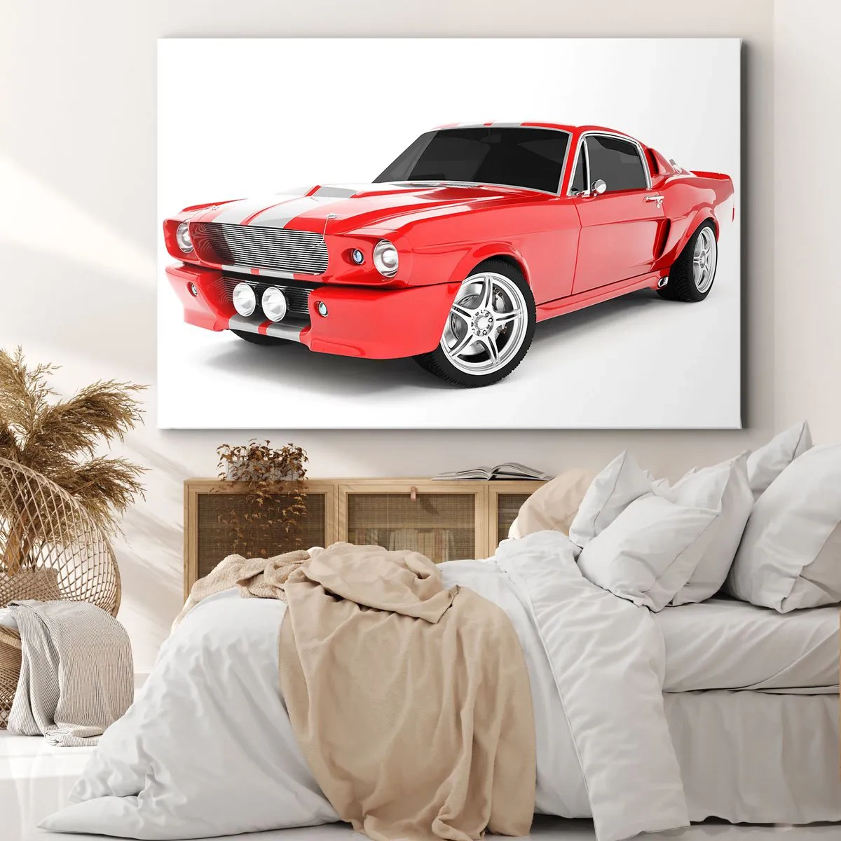 Bild auf Leinwand - Leinwandbild - Roter Sportwagen mit weißen Streifen - 120x80cm - Ein Mustang so schnell wie der Wind - Moderne Wanddekoration für Wohnzimmer und Schlafzimmer ARTTOR