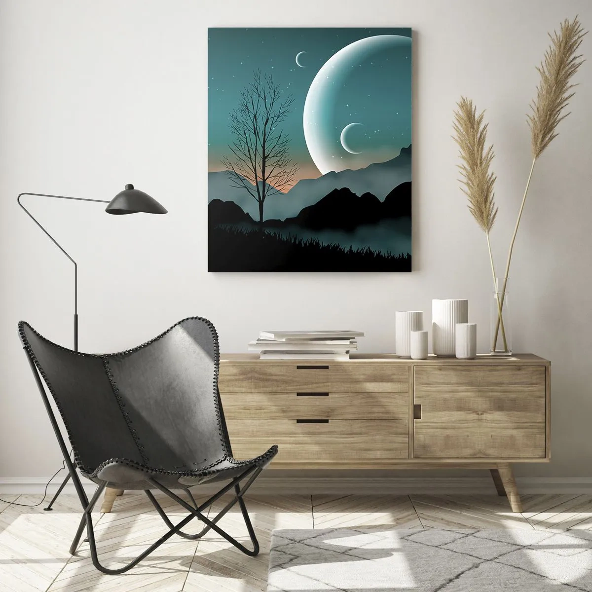 Glasbild - Bild auf glas - Neblige Berge mit dem Mond und einem einsamen Baum - 70x100cm - Karneval in der Sternenacht - Moderne Wanddekoration für Wohnzimmer und Schlafzimmer ARTTOR