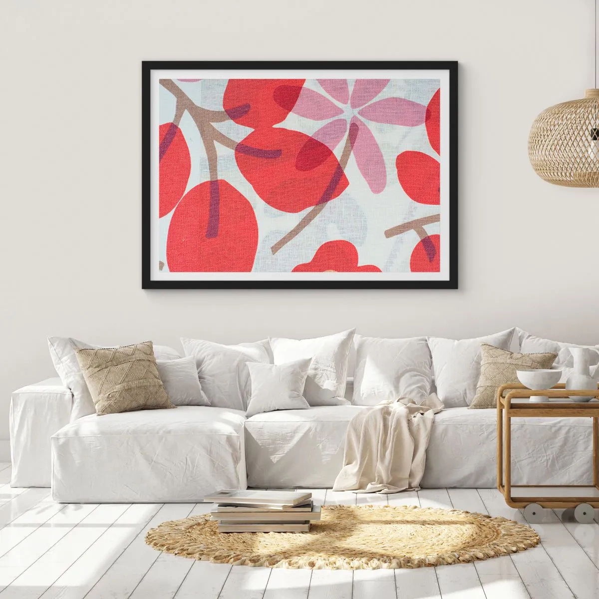 Poster in einem schwarzem Rahmen - Blüten und Blätter in Rot- und Rosatönen - 70x50cm - Blumenarrangement in Rosa - Moderne Wanddekoration für Wohnzimmer und Schlafzimmer ARTTOR