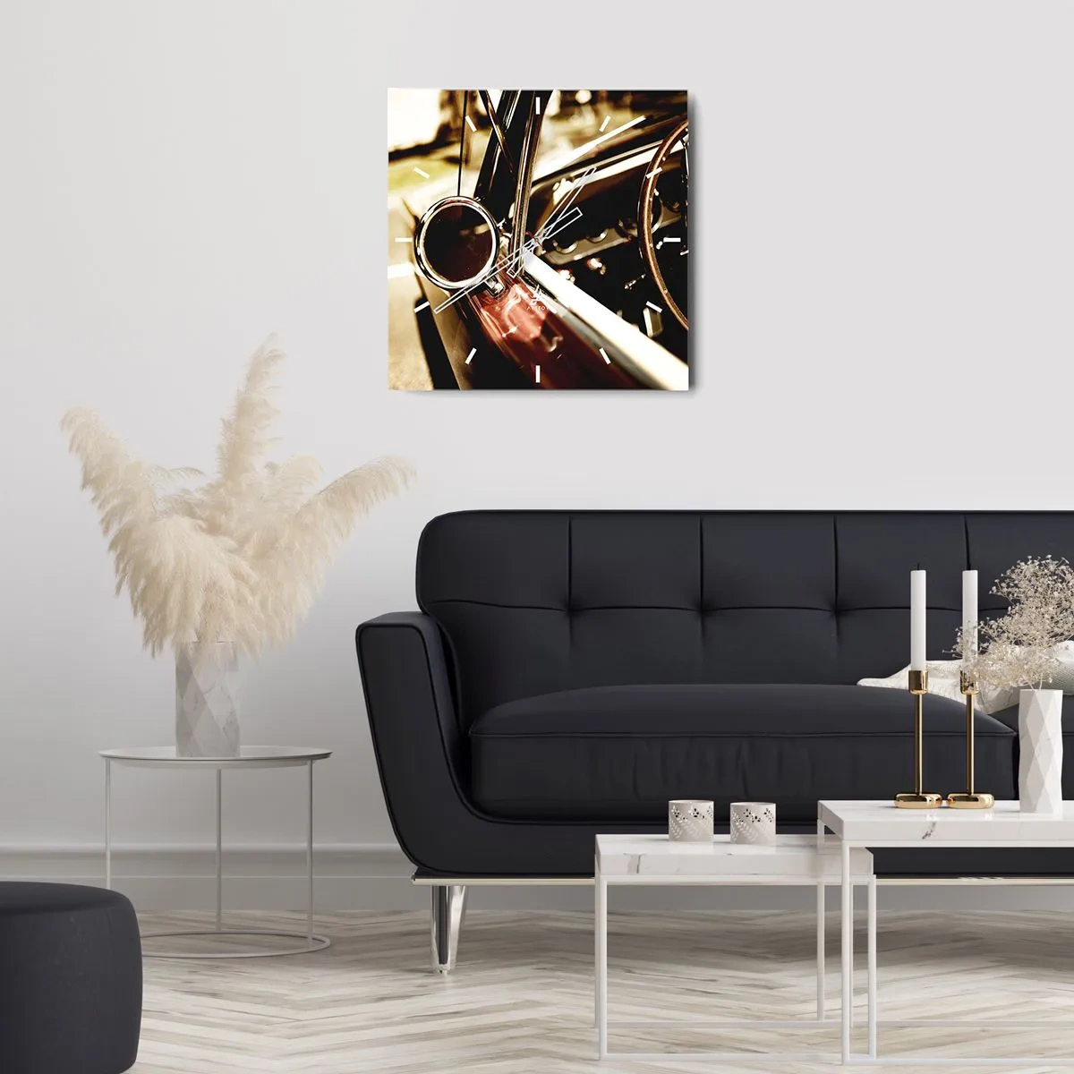 Wanduhr - Glasuhr - Nahaufnahme des Spiegels und des Innenraums eines klassischen Retro-Autos - 30x30cm - Ein Auto mit Seele - Moderne Wanddekoration für Wohnzimmer und Schlafzimmer ARTTOR