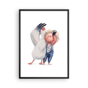 Poster in einem schwarzem Rahmen - Illustration eines Kindes mit Fernglas und einem Vogel, der es begleitet - 50x70cm - Toller Reiseplan - Moderne Wanddekoration für Wohnzimmer und Schlafzimmer ARTTOR