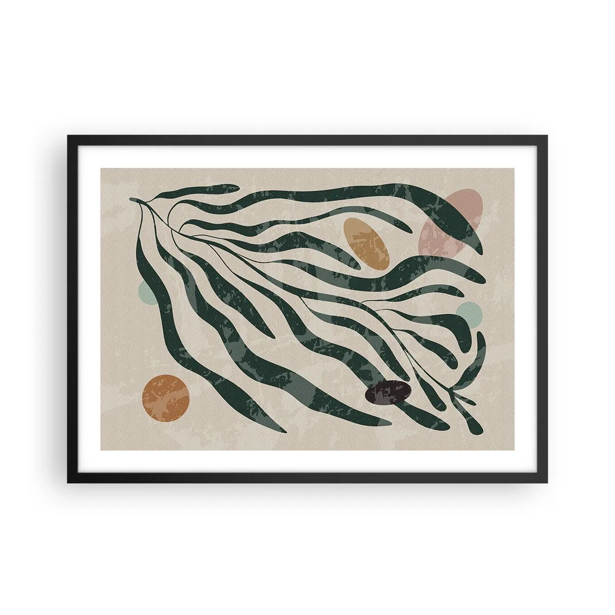 Poster in einem schwarzem Rahmen - Organische Linien und Formen in Grün und Beige - 70x50cm - Im Grünen - Moderne Wanddekoration für Wohnzimmer und Schlafzimmer ARTTOR