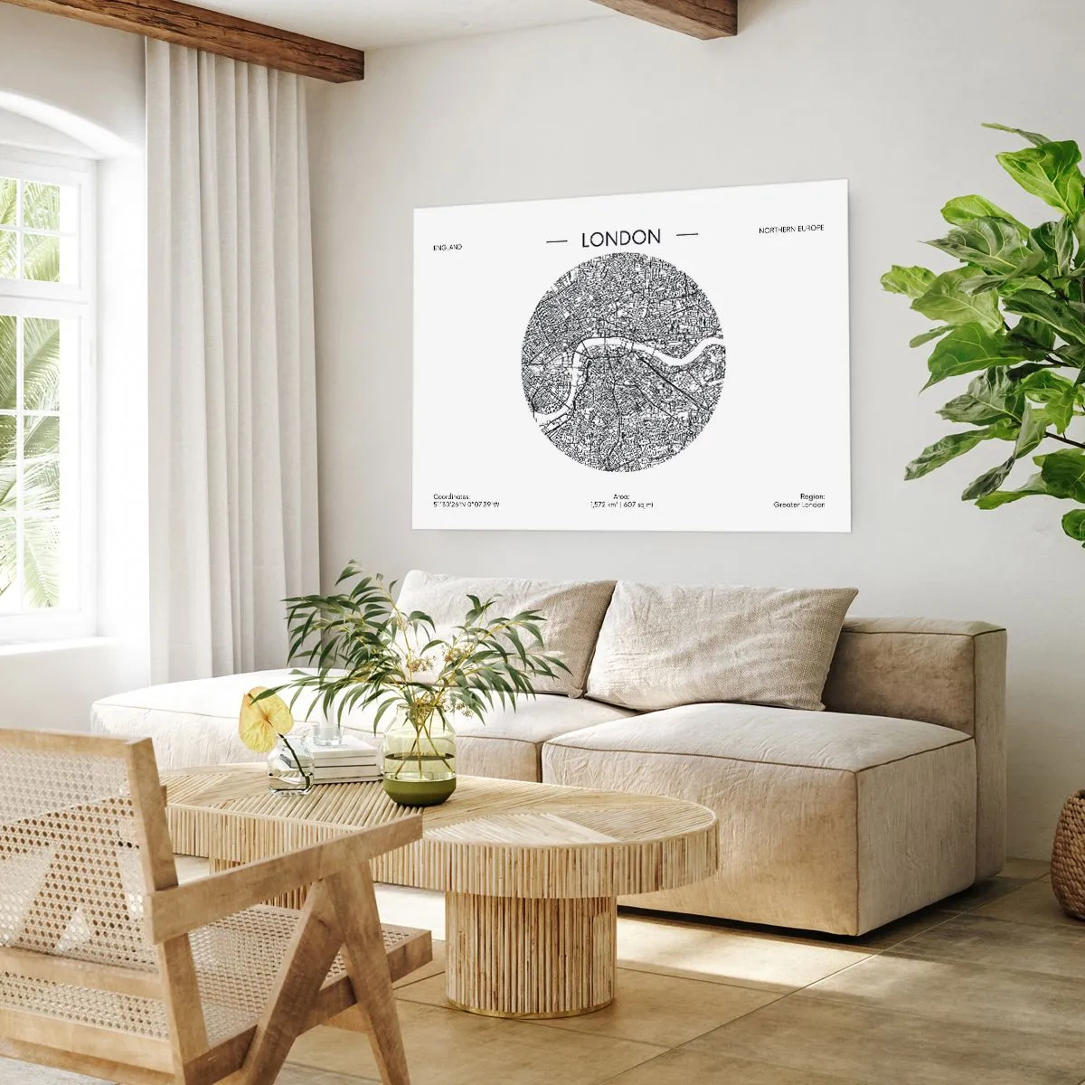 Poster - Eine minimalistische Karte von London in Schwarzweiß mit präzisen Details. - 100x70cm - Anatomie von London - Moderne Wanddekoration für Wohnzimmer und Schlafzimmer ARTTOR