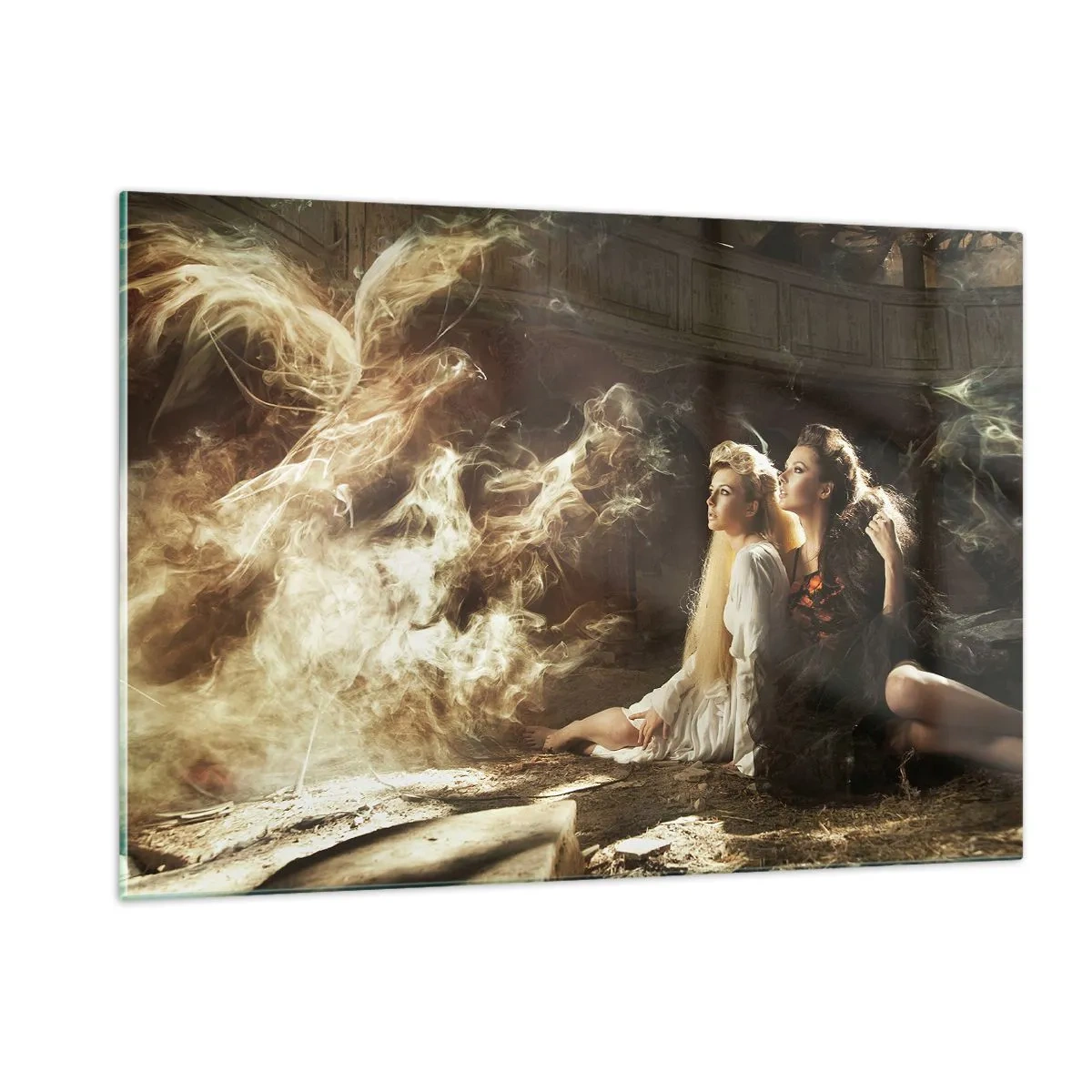 Glasbild - Bild auf glas - Zwei Frauen mit einem feurigen Phönix in einer magischen Umgebung - 120x80cm - Und es gab Poesie - Moderne Wanddekoration für Wohnzimmer und Schlafzimmer ARTTOR