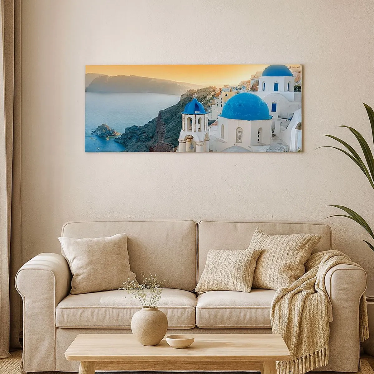 Bild auf Leinwand - Leinwandbild - Santorini - an die Felsen gekuschelt - 100x40 cm