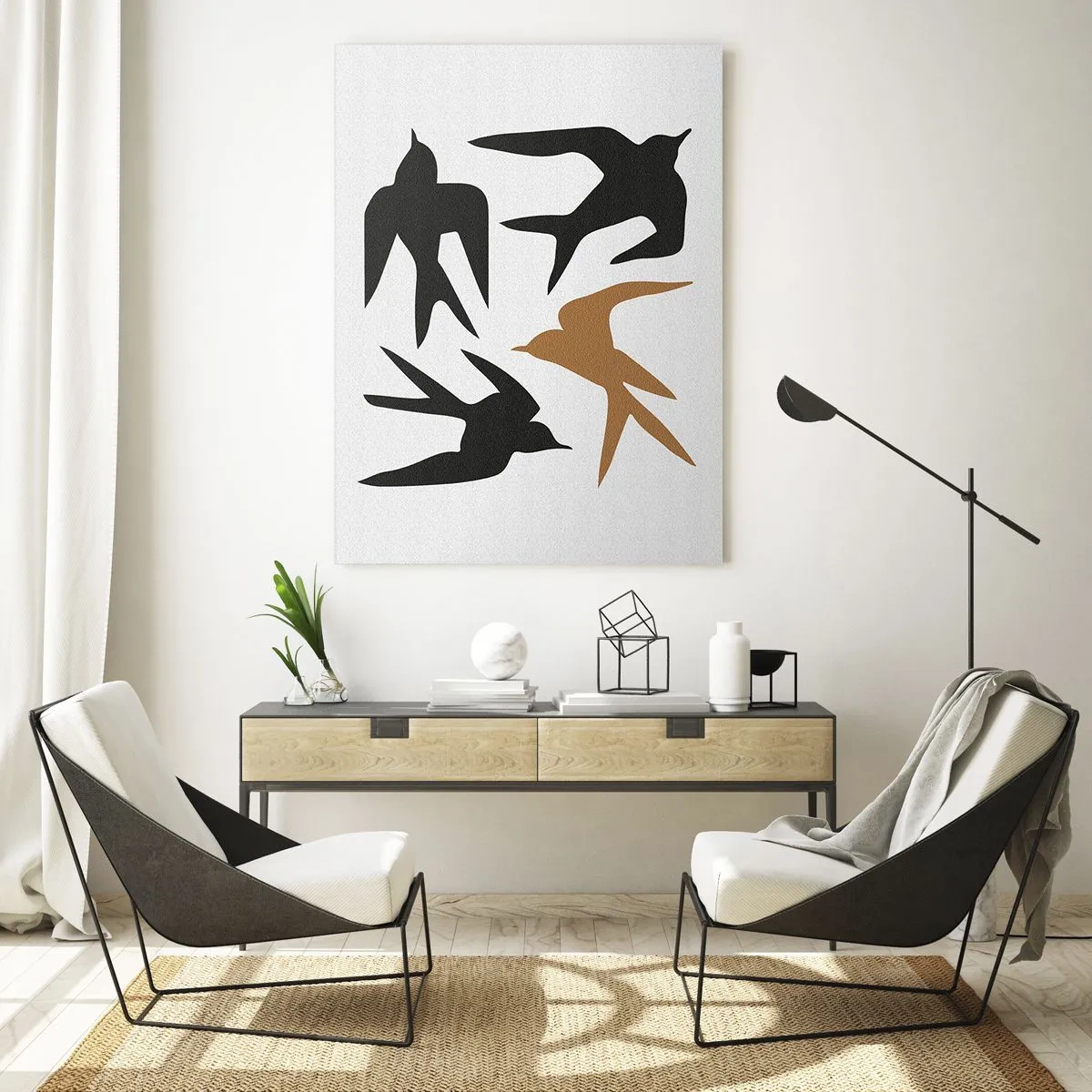 Glasbild - Bild auf glas - Vier fliegende Schwalben im minimalistischen Stil - 50x70cm - Schwalbenspaß - Moderne Wanddekoration für Wohnzimmer und Schlafzimmer ARTTOR