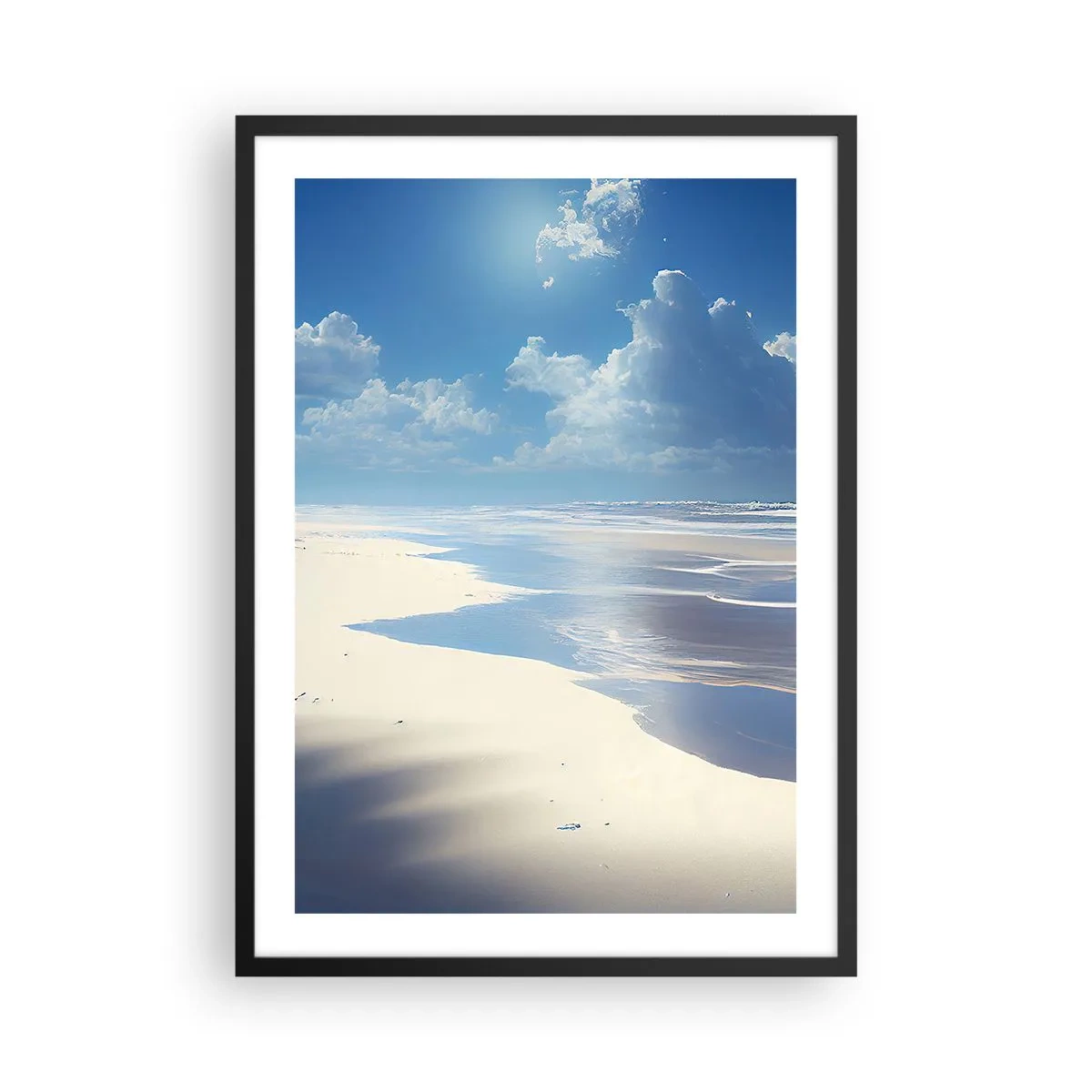 Poster in einem schwarzem Rahmen - Ein sonniger Strand mit dem Himmel, der sich im Wasser spiegelt - 50x70cm - Paradiesischer Urlaub - Moderne Wanddekoration für Wohnzimmer und Schlafzimmer ARTTOR