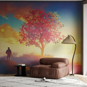 Fototapete Premium Sand - Eine einsame Gestalt in der Natur mit einem bunten Baum vor dem Hintergrund der Sonne - 100x70cm - Pilger am Ziel - Moderne Wanddekoration für Wohnzimmer und Schlafzimmer ARTTOR