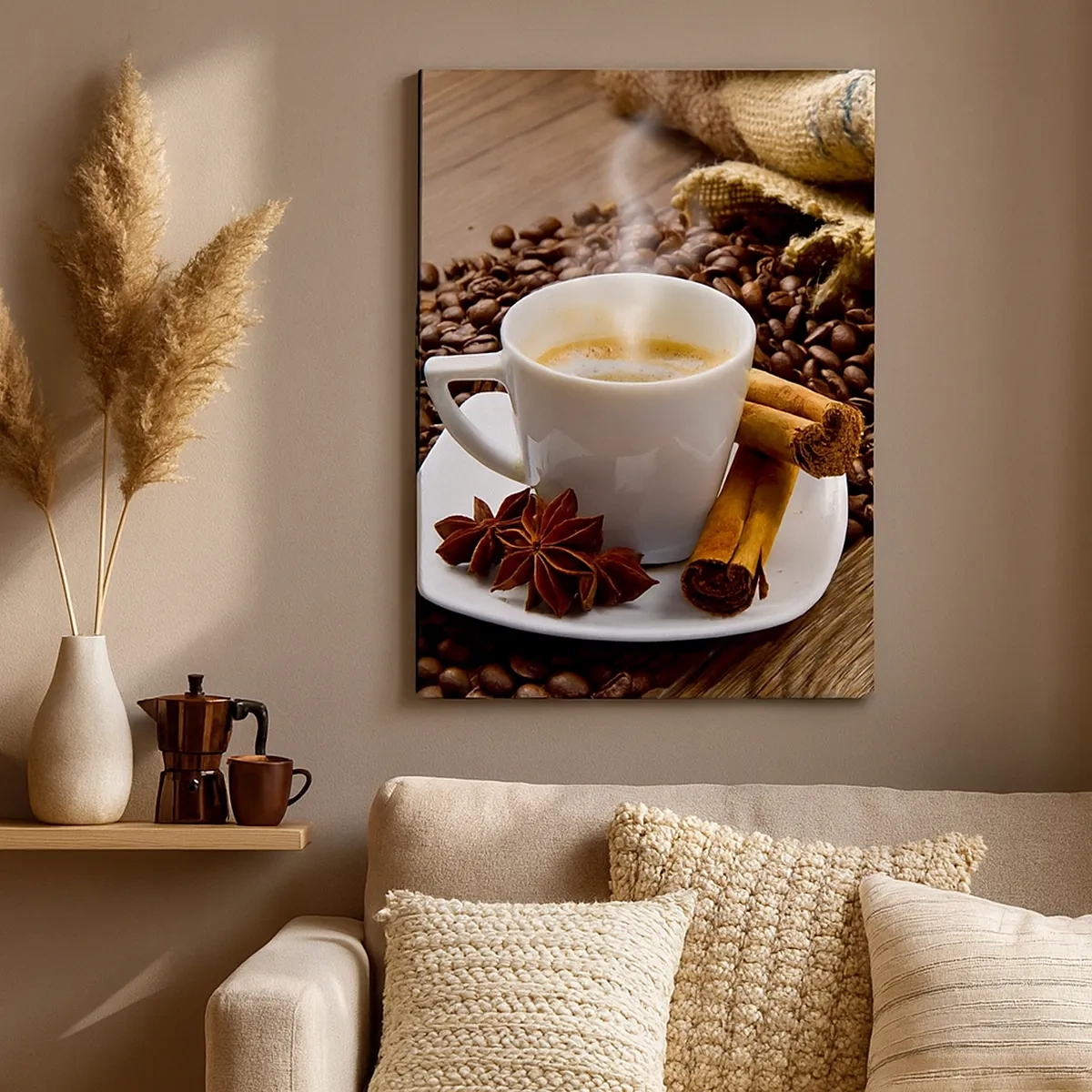 Bild auf Leinwand - Leinwandbild - Eine Tasse Kaffee mit Zimt und Anis auf einem Hintergrund aus Kaffeebohnen - 50x70cm - Würziger Geschmack und Aroma - Moderne Wanddekoration für Wohnzimmer und Schlafzimmer ARTTOR