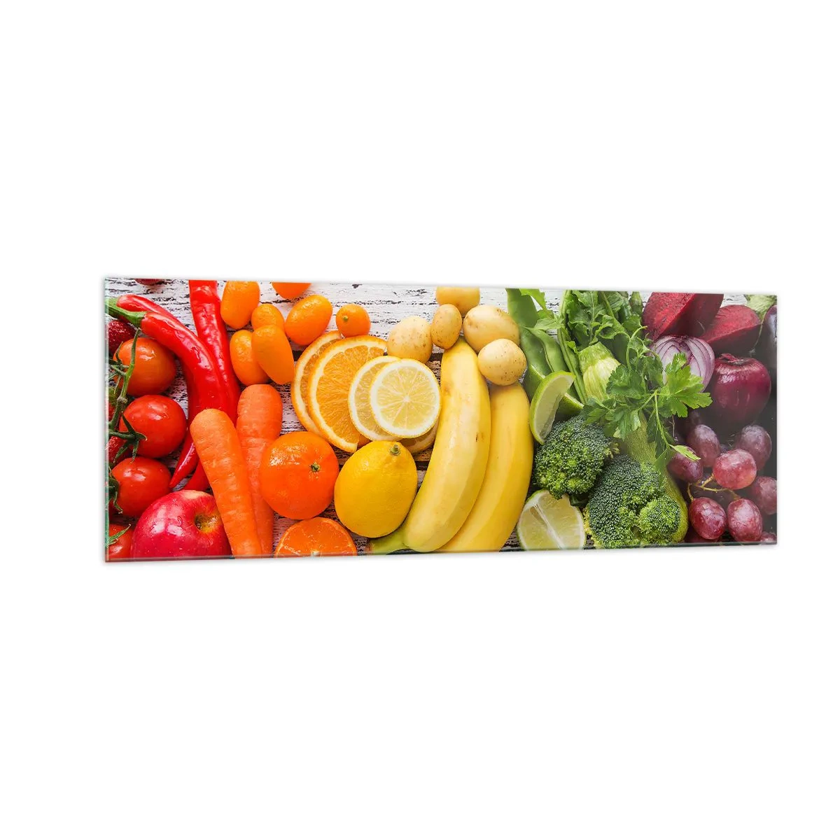 Glasbild - Bild auf glas - Buntes Obst und Gemüse auf einem hölzernen Hintergrund - 140x50cm - Es ist nicht genug? - Moderne Wanddekoration für Wohnzimmer und Schlafzimmer ARTTOR