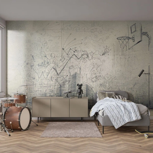 Fototapete Premium Sand - Eine Wand voller Zeichnungen, die Kreativität symbolisieren - 100x70cm - Mein tolles Stadtleben - Moderne Wanddekoration für Wohnzimmer und Schlafzimmer ARTTOR