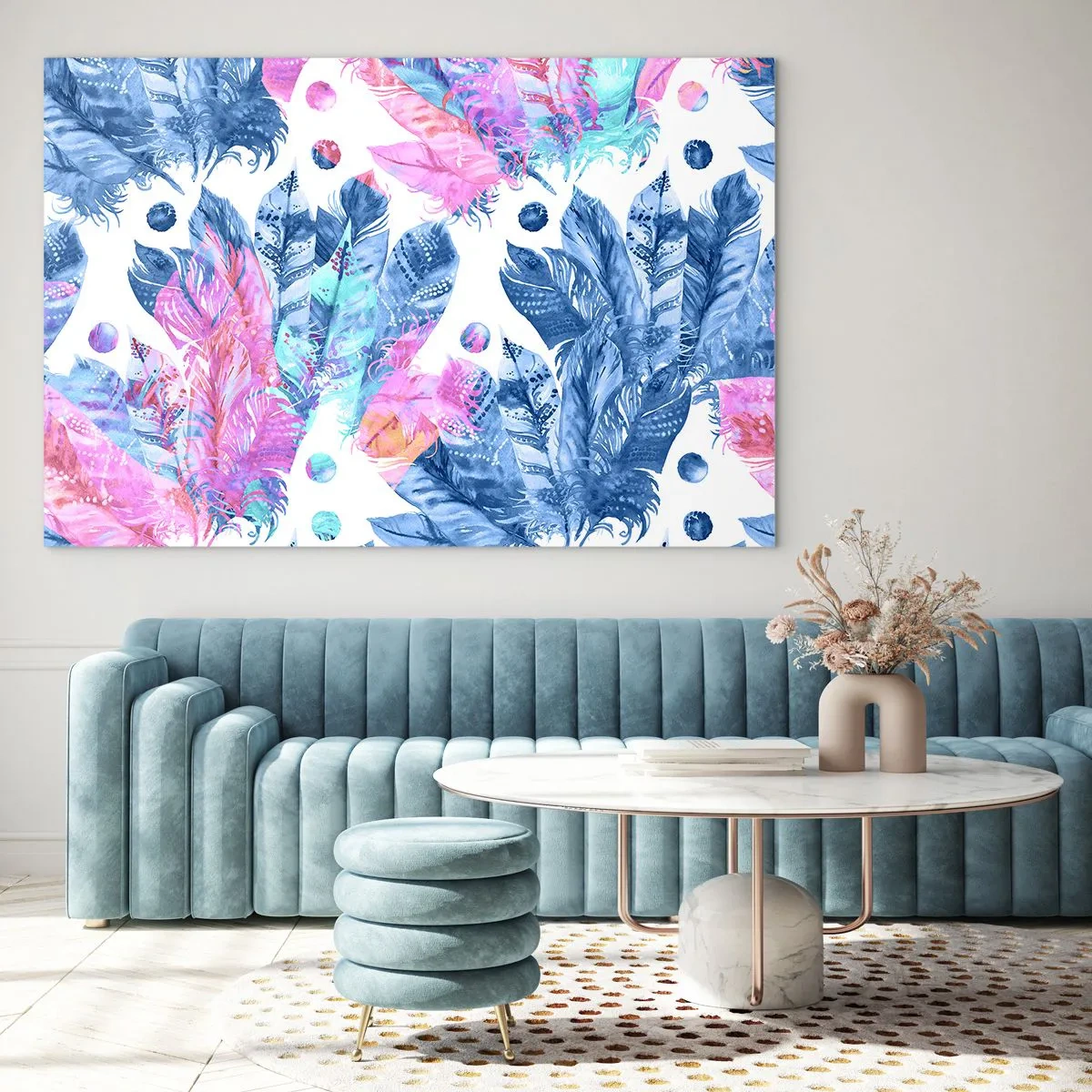 Glasbild - Bild auf glas - Bunte Federn in Rosa- und Blautönen auf weißem Hintergrund - 70x50cm - Pflaumen in Pink und Blau - Moderne Wanddekoration für Wohnzimmer und Schlafzimmer ARTTOR