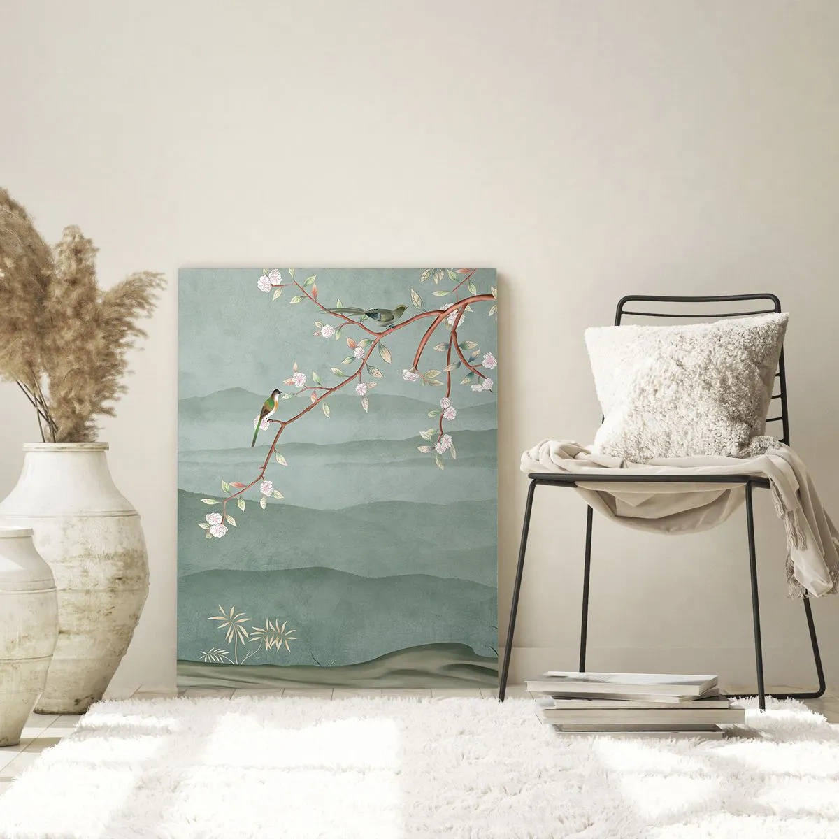 Glasbild - Bild auf glas - Ein malerisches Bild eines blühenden Baumzweigs mit Vögeln vor dem Hintergrund grüner Hügel. - 70x100cm - Frühling, oh, du bist es - Moderne Wanddekoration für Wohnzimmer und Schlafzimmer ARTTOR