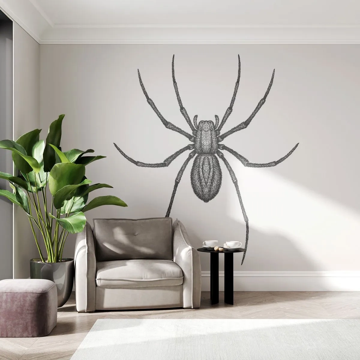 Fototapete Premium Sand - Schwarze Spinne im Zeichenstil auf weißem Hintergrund - 100x70cm - Beunruhigende Präzision - Moderne Wanddekoration für Wohnzimmer und Schlafzimmer ARTTOR